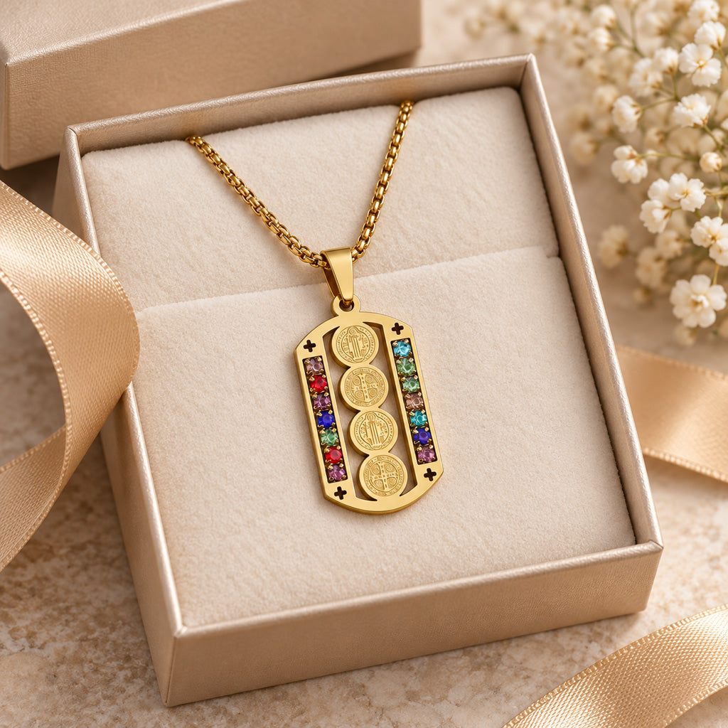 St. Benedict Medal Necklace — 316 Stainless Steel with Multicolor Stone Accents