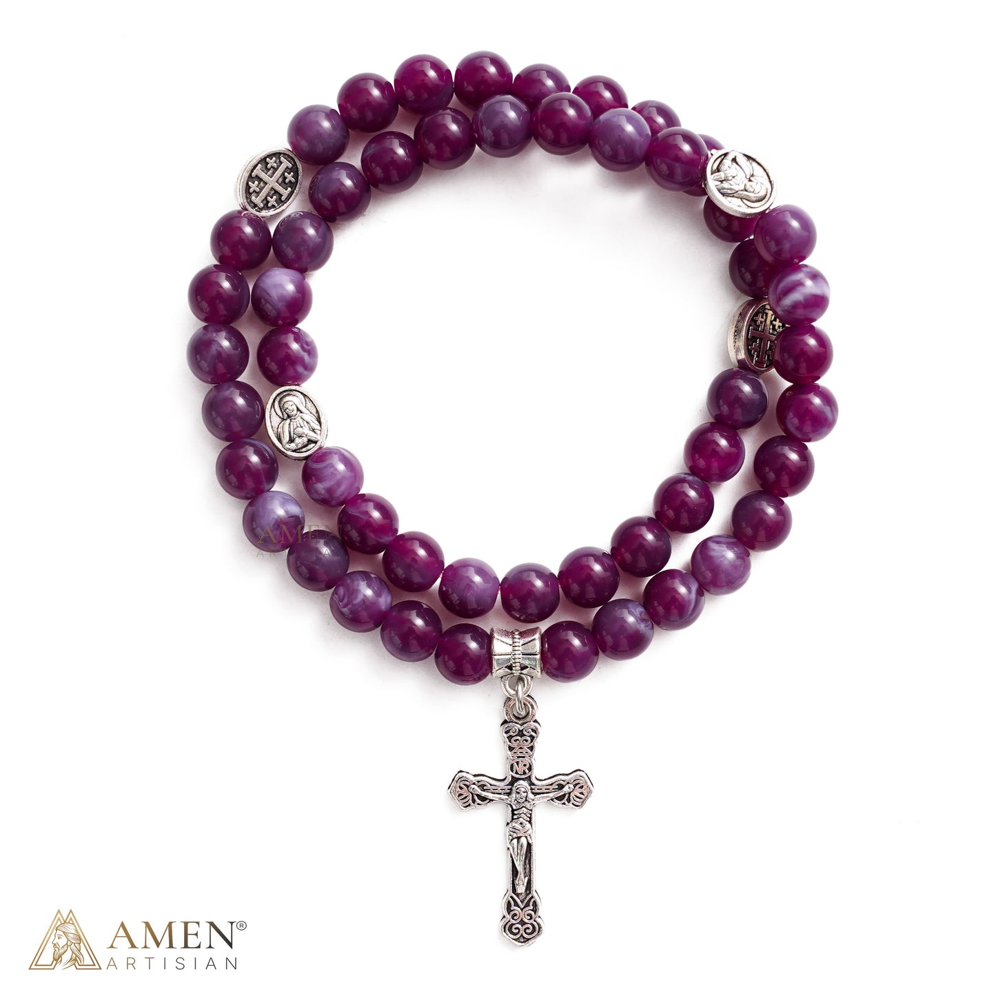White Bead Virgin Mary Medal & Crucifix Bracelet Necklace
