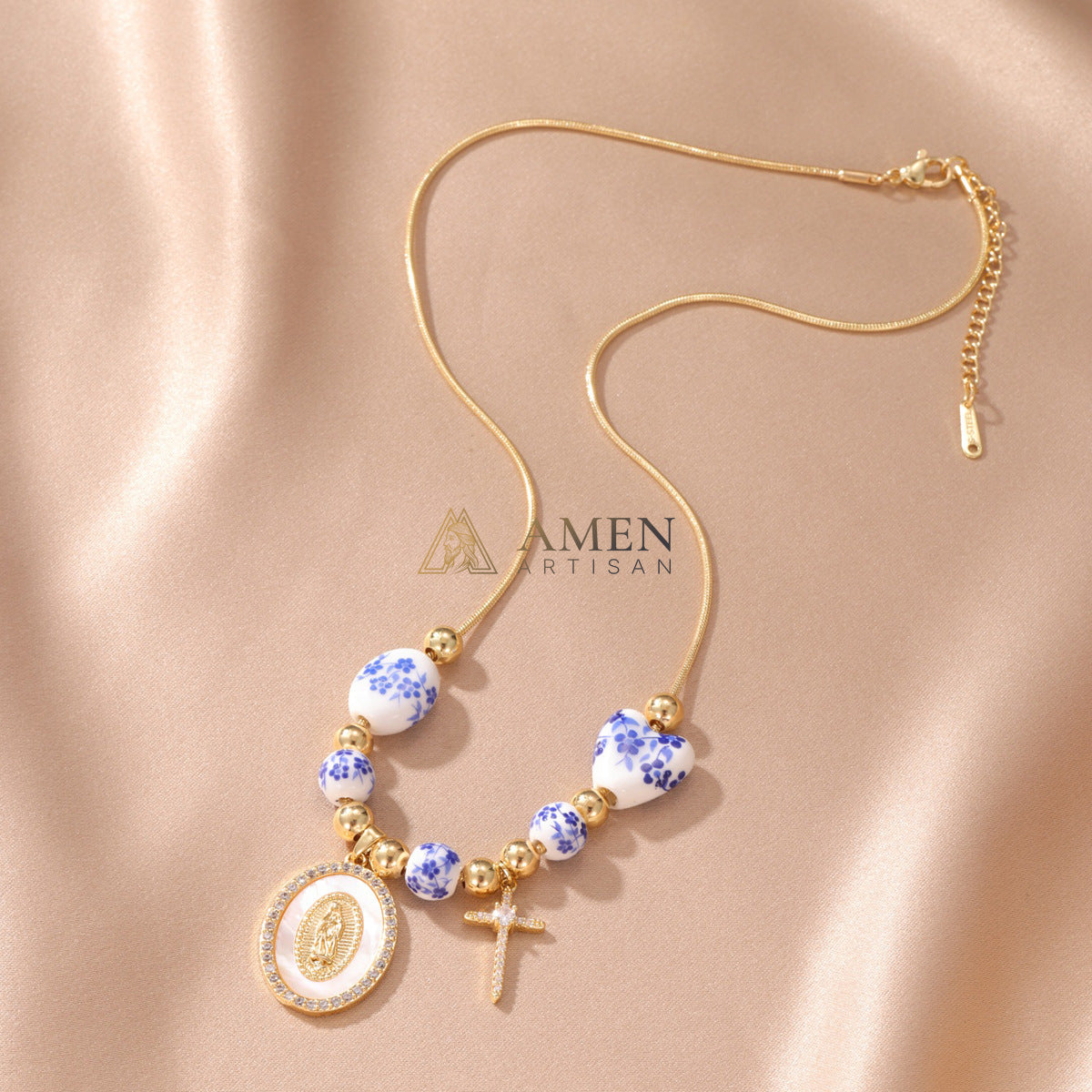 Floral Ceramic and Zircon Virgin Mary Cross Necklace Amen Artisan