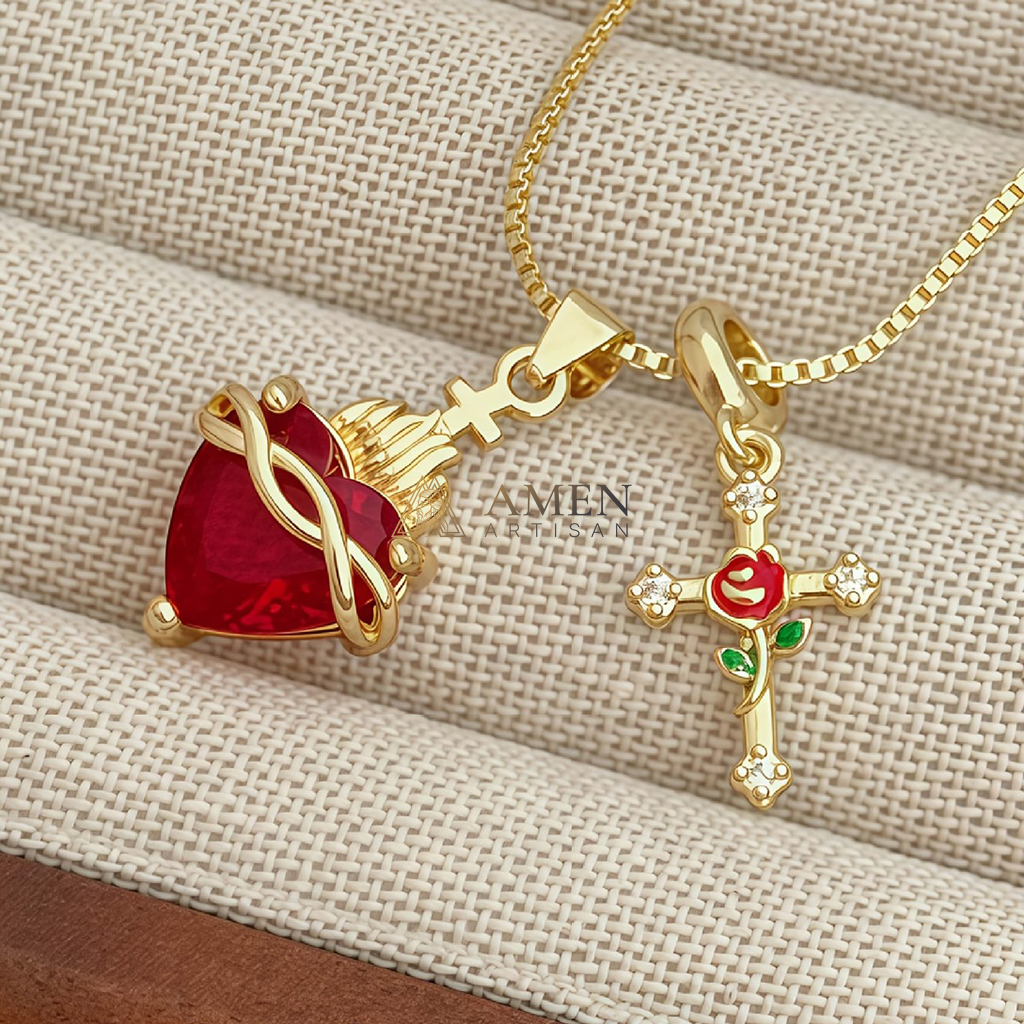 Sacred Heart & Rose Cross Multi-Pendant Necklace Amen Artisan