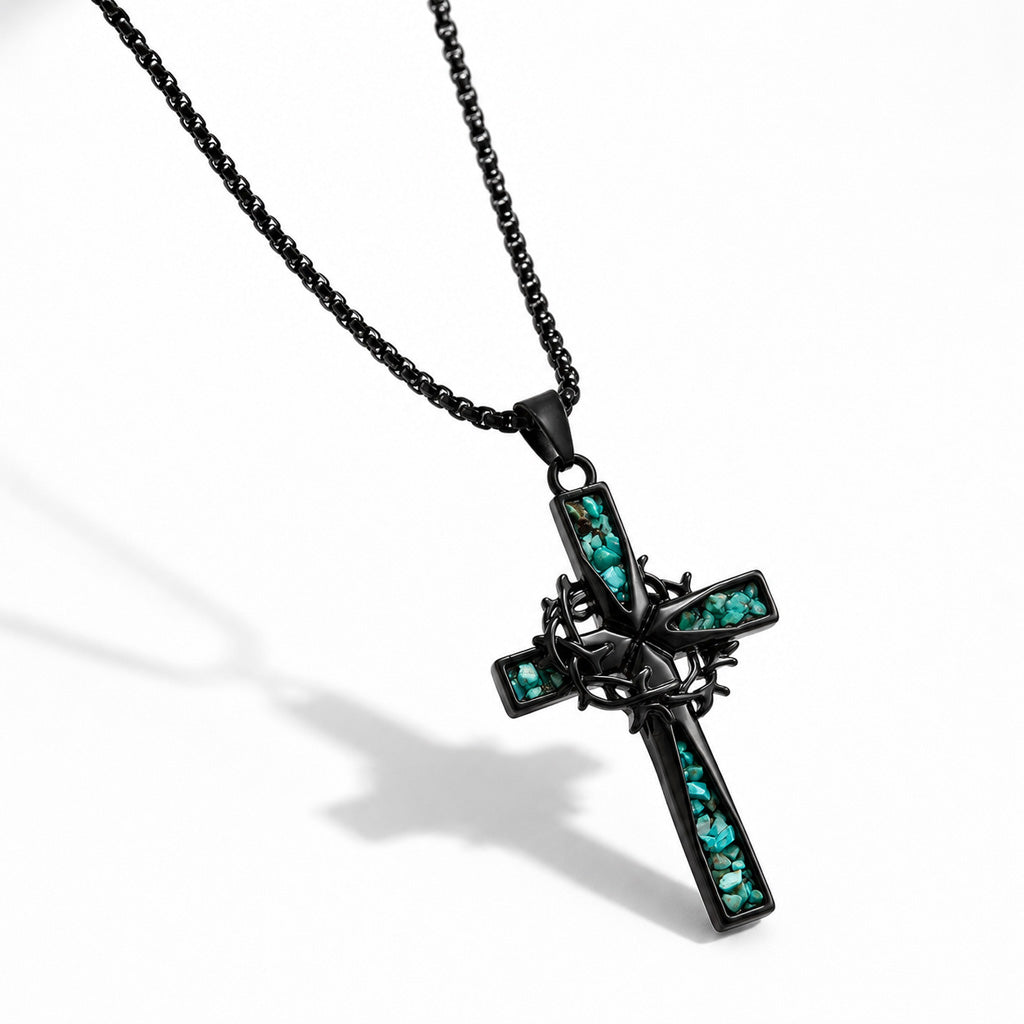 【DEAL TODAY】Crown of Thorns Cross Necklace with Natural Turquoise Inlay | Amen Artisan