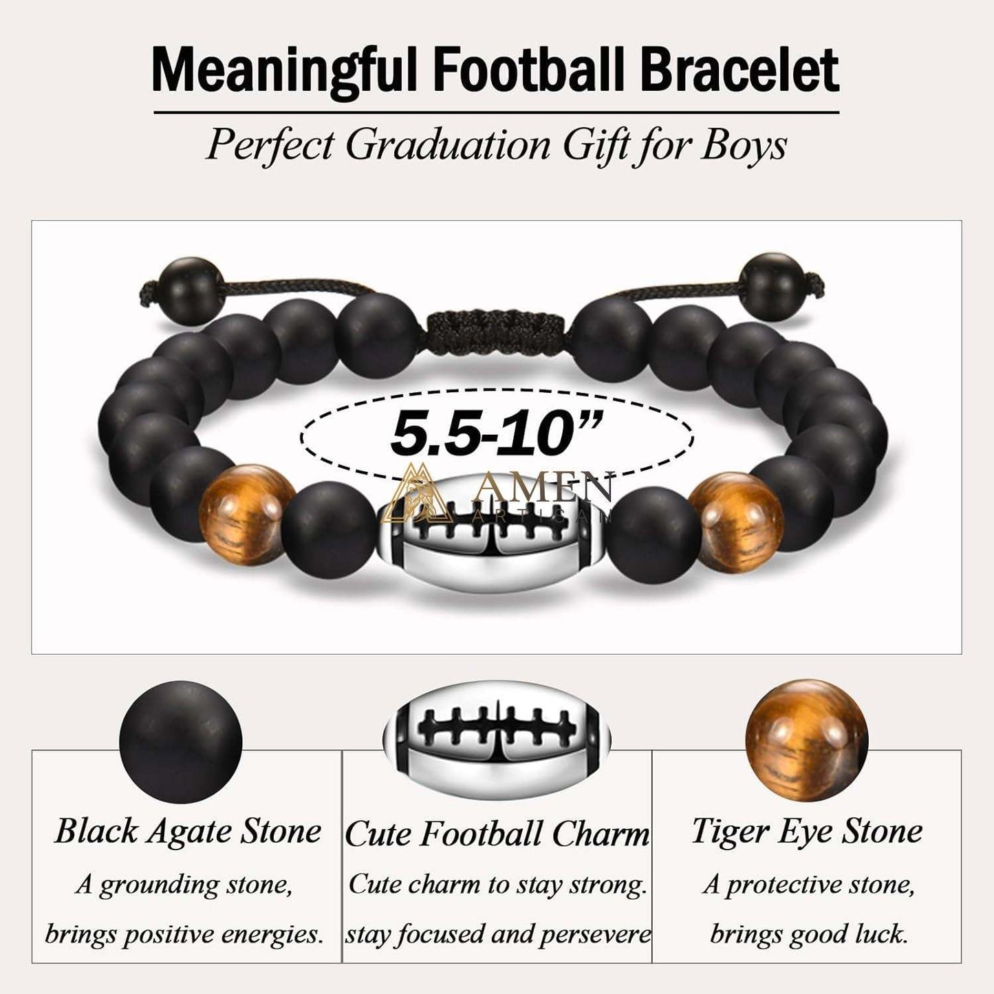 Natural Stone Bead Football Braided Bracelet Amen Artisan