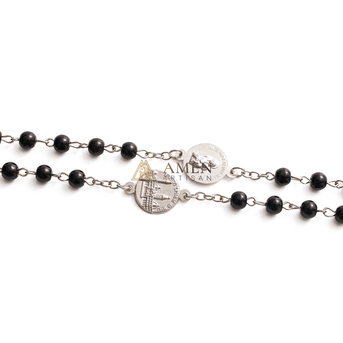 Crucifix Our Lady Black Bead Rosary  Amen Artisan