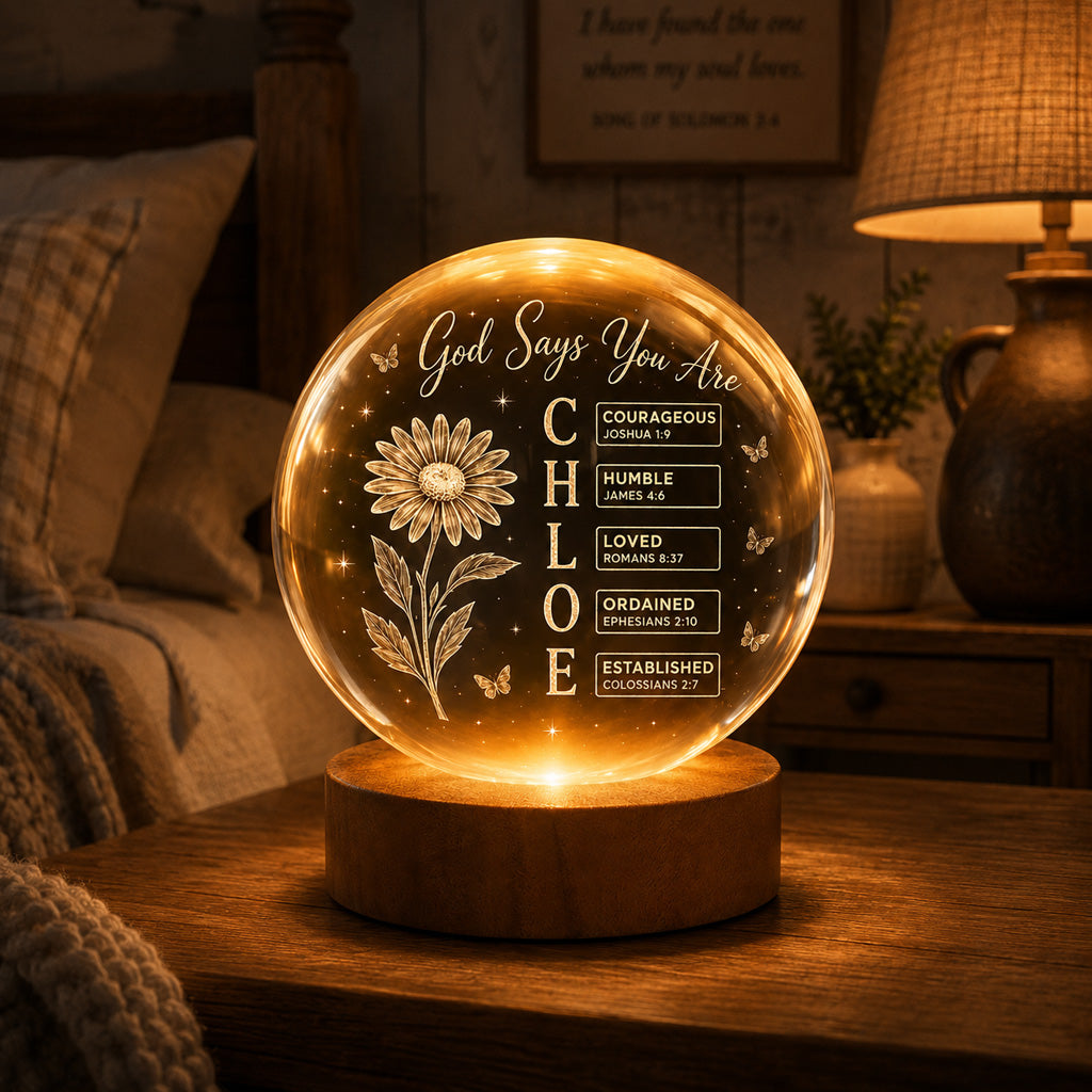 Personalized Crystal Ball Night Light with Name, Birth Flower & Bible Verse — Custom Christian 3D Engraved Keepsake Gift