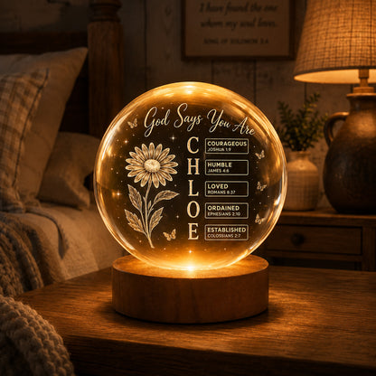 Personalized Crystal Ball Night Light with Name, Birth Flower & Bible Verse — Custom Christian 3D Engraved Keepsake Gift