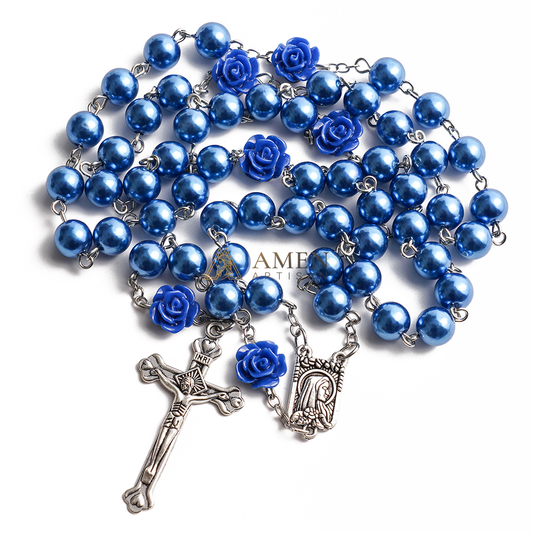 Royal Blue Rosary with Rose Accent, Cross and Saint Medal - Hope, Love & Blessing |  Amen Artisan