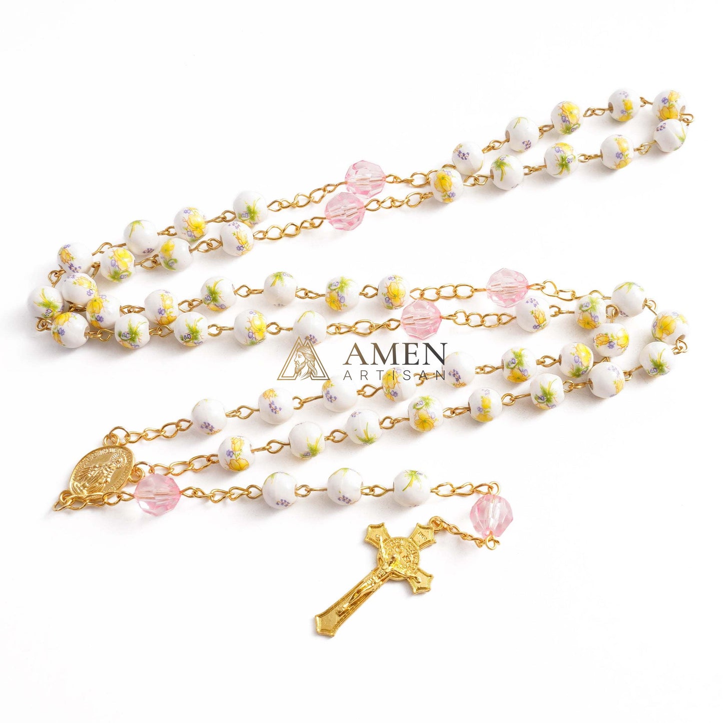 Yellow Floral Ceramic Rosary Amen Artisian