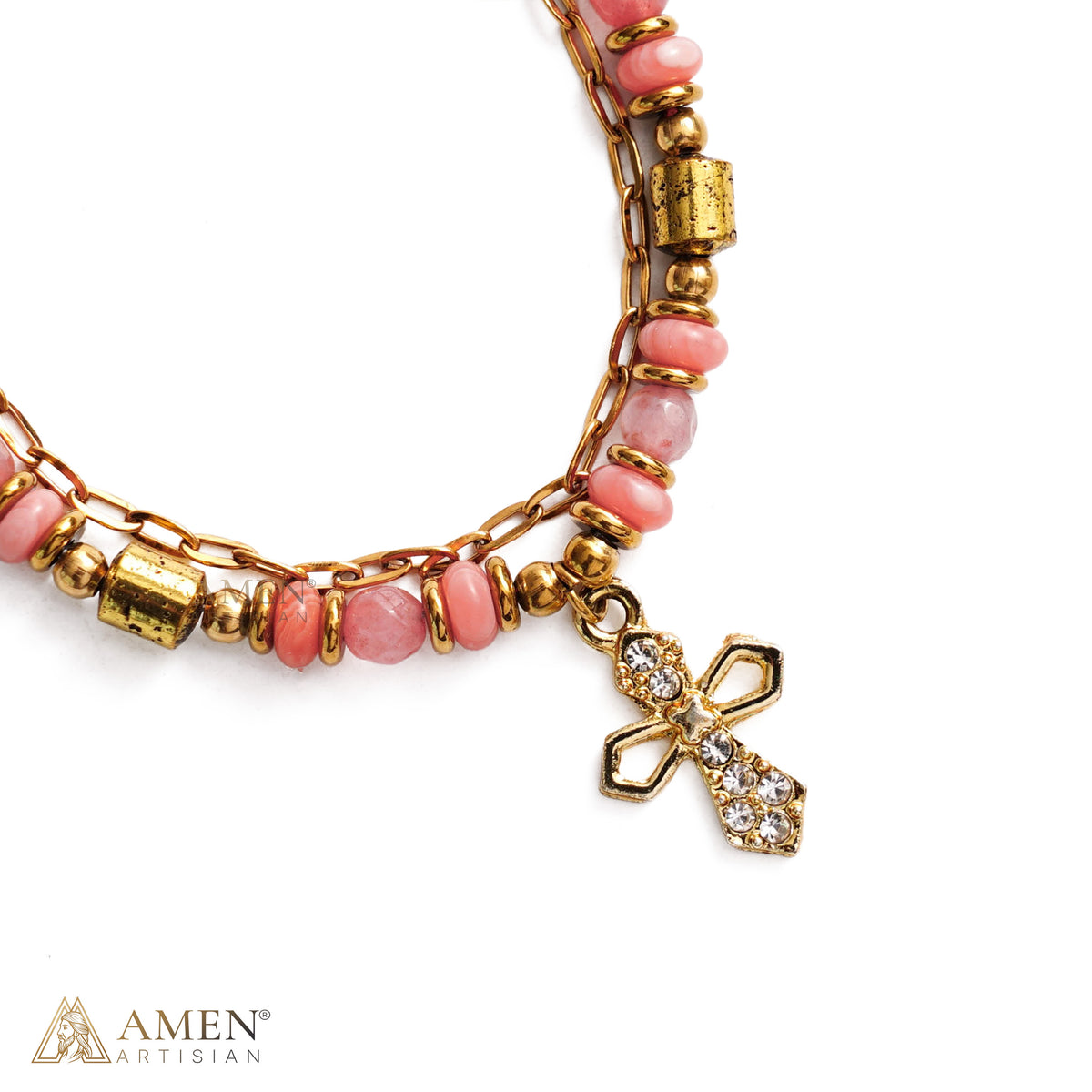 Layered Beaded Bracelet with Sparkling Cross Charm