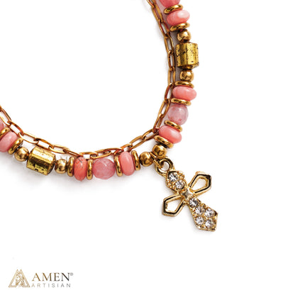 Layered Beaded Bracelet with Sparkling Cross Charm