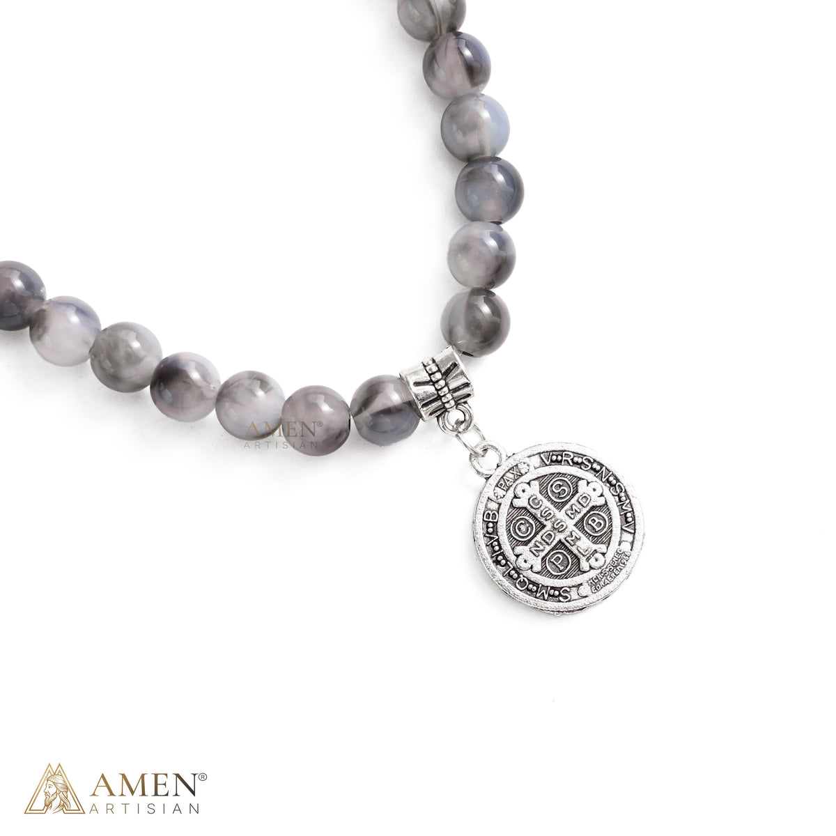 St. Benedict Medal Stretch Bracelet with Marbled Gray Beads