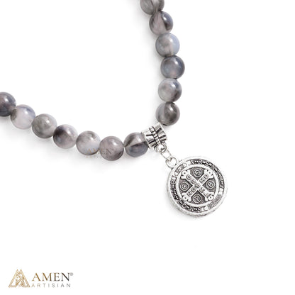 St. Benedict Medal Stretch Bracelet with Marbled Gray Beads