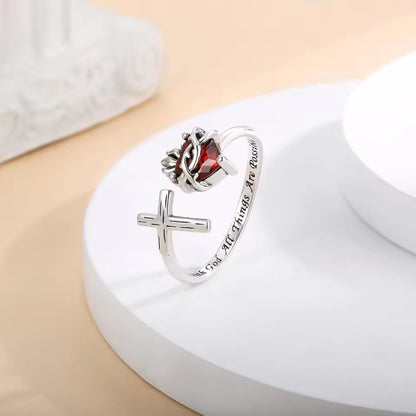 Anillo abierto con cruz del Sagrado Corazón Artesanal Amén