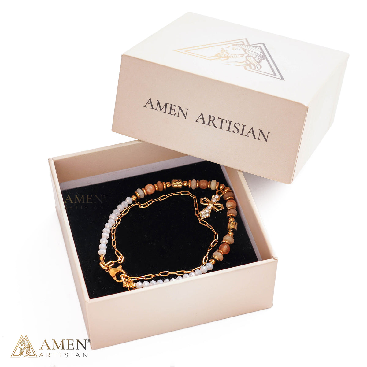 Layered Beaded Bracelet with Sparkling Cross Charm