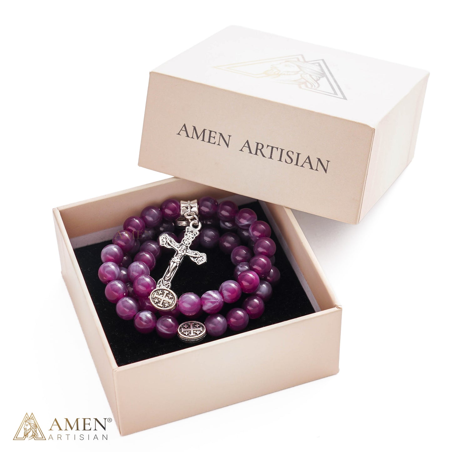 Purple Marbled Bead Crucifix Wrap Bracelet and Necklace