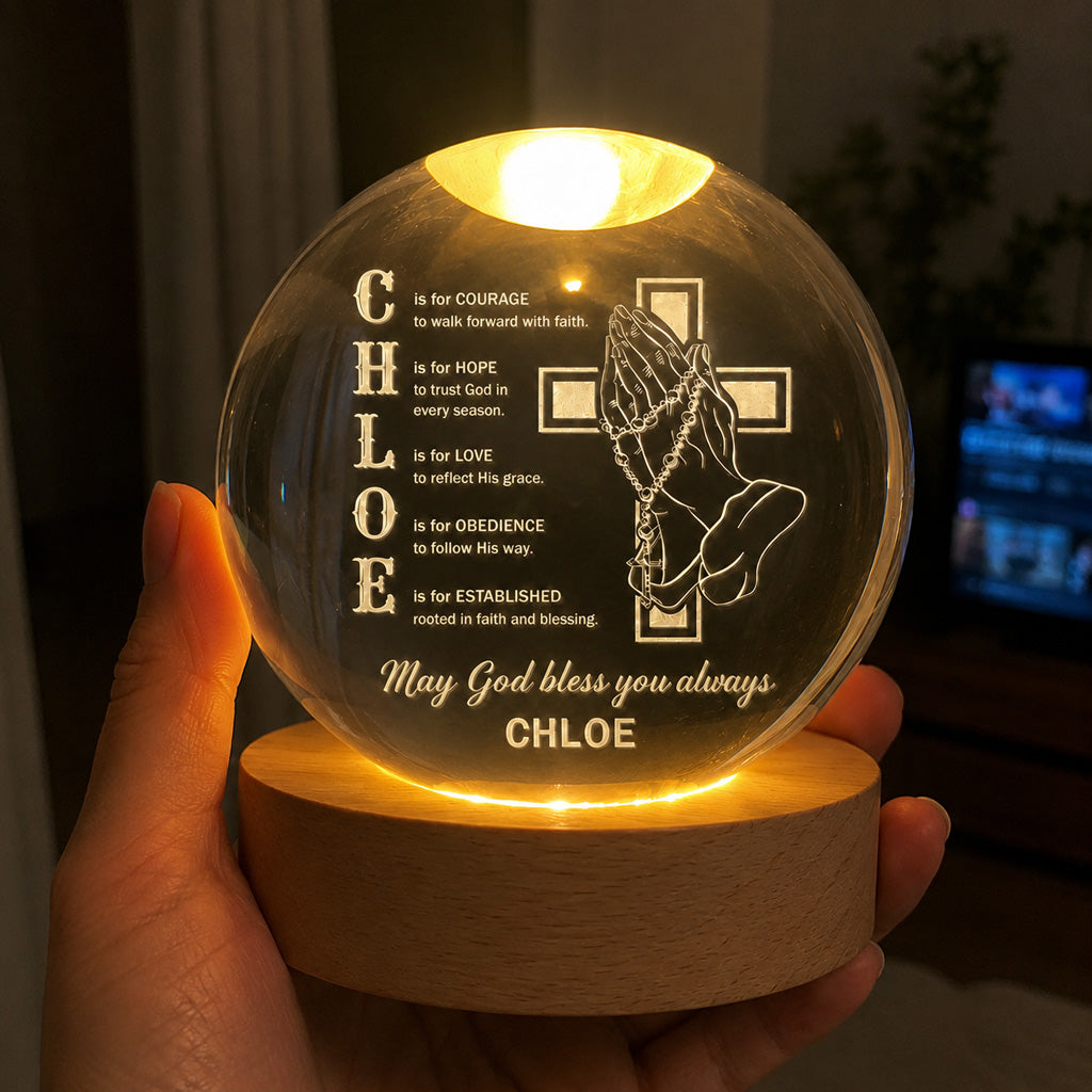 Personalized Name Faith Blessing Crystal Ball Night Light with Praying Hands & Cross Design — Blessing