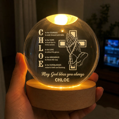 Personalized Name Faith Blessing Crystal Ball Night Light with Praying Hands & Cross Design — Blessing