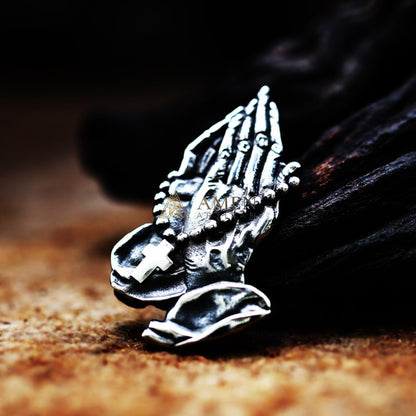 Praying Hands Cross Rosary Pendant Necklace Amen Artisan