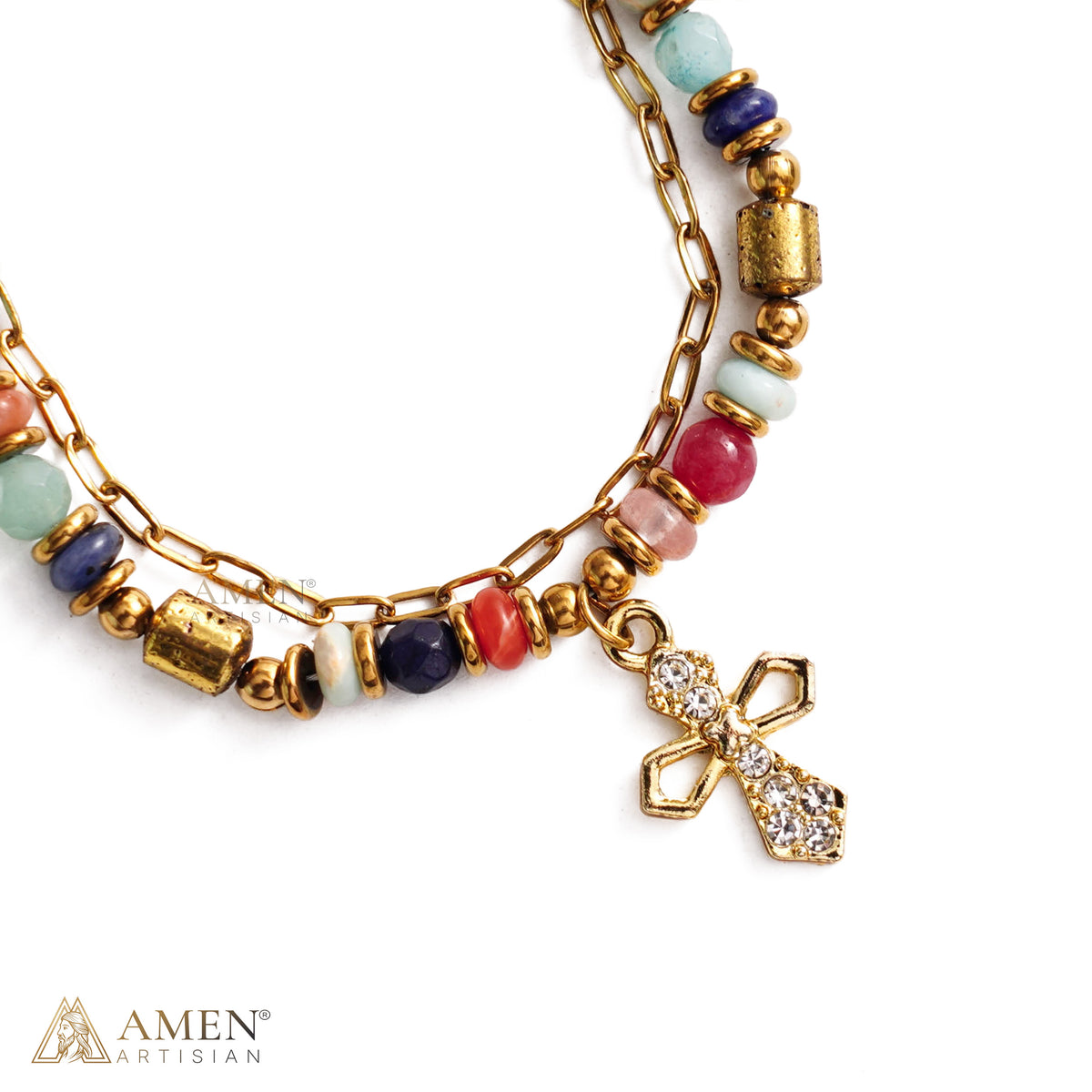 Layered Beaded Bracelet with Sparkling Cross Charm