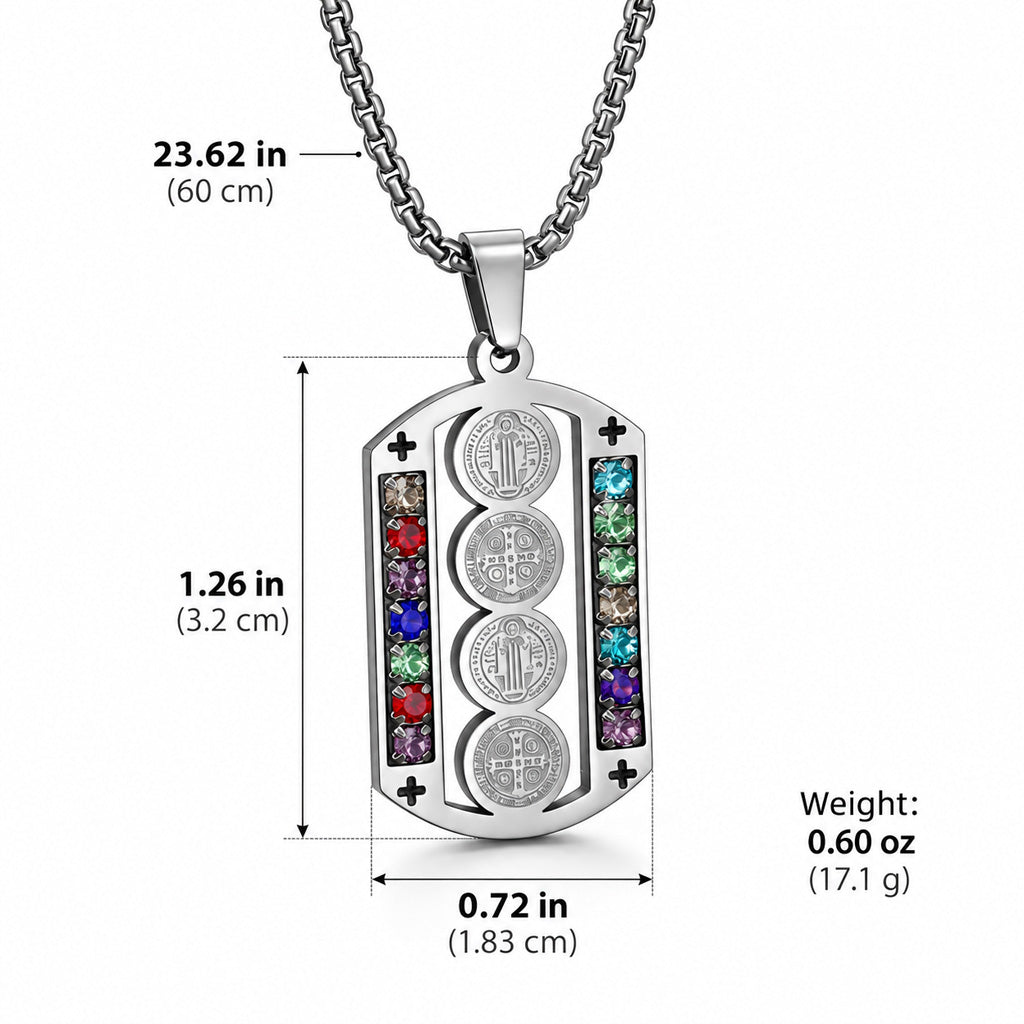 St. Benedict Medal Necklace — 316 Stainless Steel with Multicolor Stone Accents