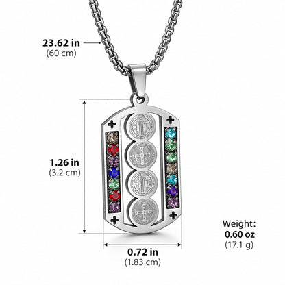 St. Benedict Medal Necklace — 316 Stainless Steel with Multicolor Stone Accents
