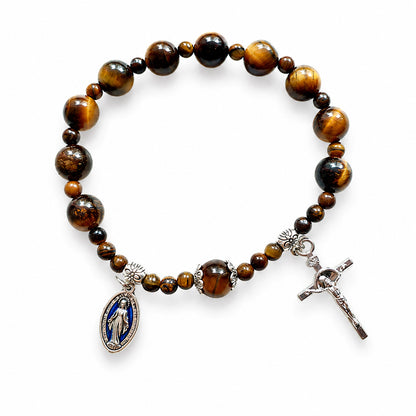 Natural Tiger Eye Prayer Bracelet with Mary Medal and Crucifix Charm