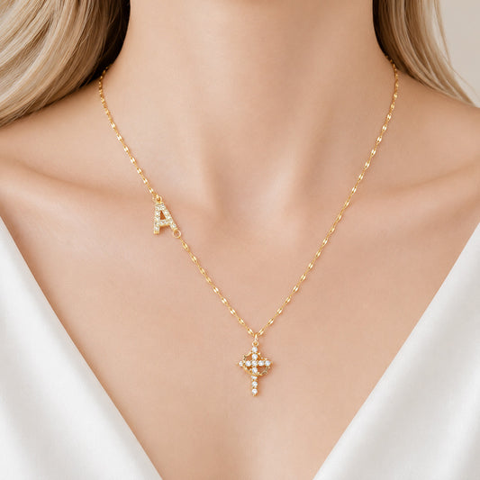 【DEAL TODAY】Sparkling Zircon Cross Necklace with A-Z Initial Charm