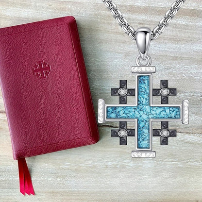 Natural Turquoise Diamond Jerusalem Cross Necklace Amen Artisan