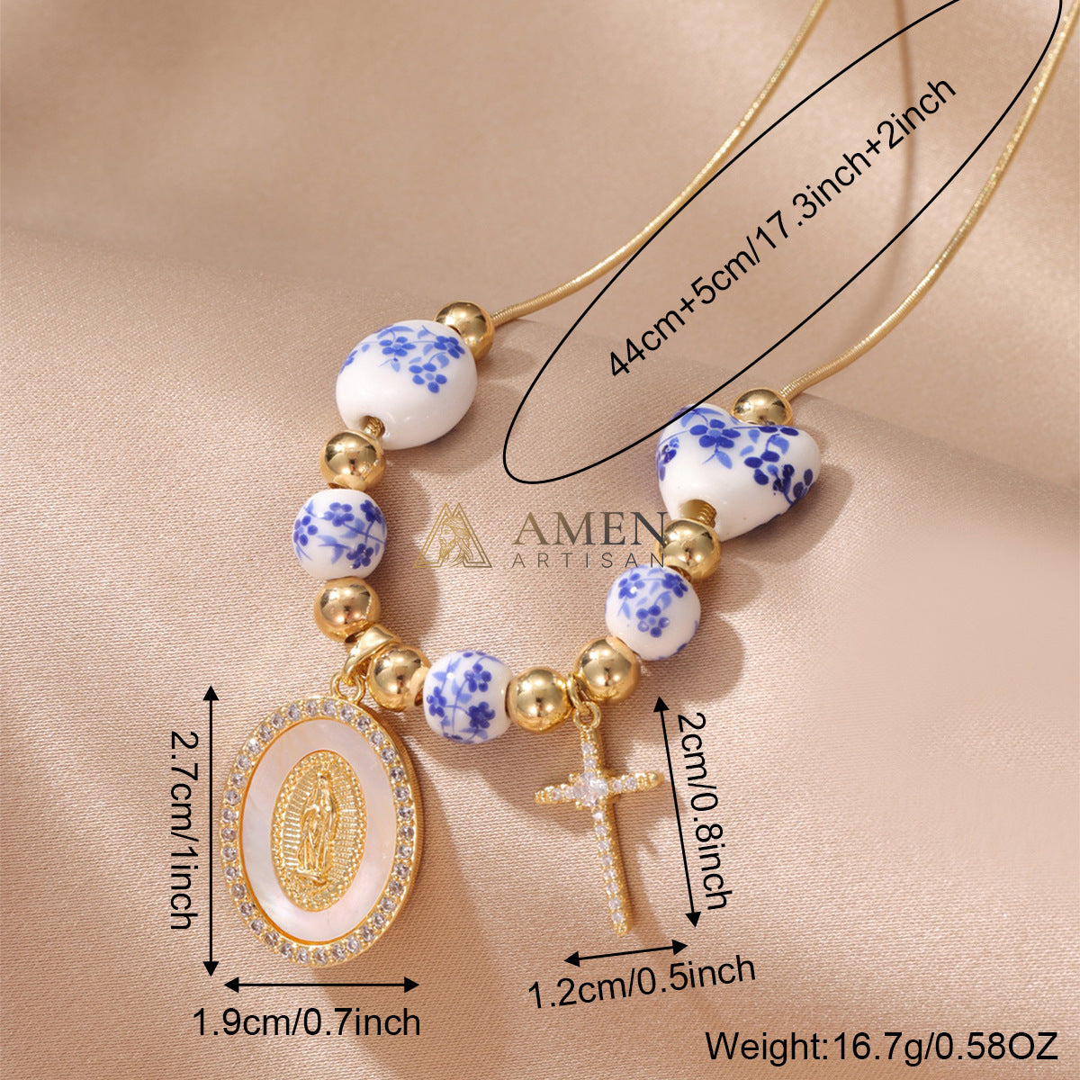 Floral Ceramic and Zircon Virgin Mary Cross Necklace Amen Artisan