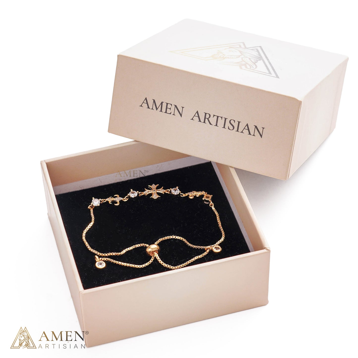 Adjustable Ornate Cross Bolo Bracelet with Sparkling Accents