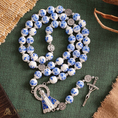 Blue Floral Ceramic Rosary with Marian Pendant and St. Benedict Medals — Grace and Peace | Amen Artisan