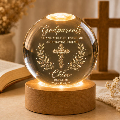 Personalized Godparents Crystal Night Light with Cross, Name, and Date — Faith Keepsake