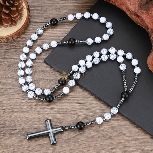 White Turquoise Cross Rosary Amen Artisan