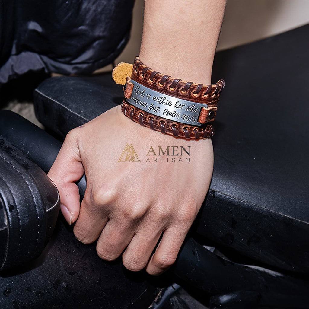 【DEAl TODAY】Handwoven Leather Bible Verse Bracelet - Strength, Faith & Protection |  Amen Artisan