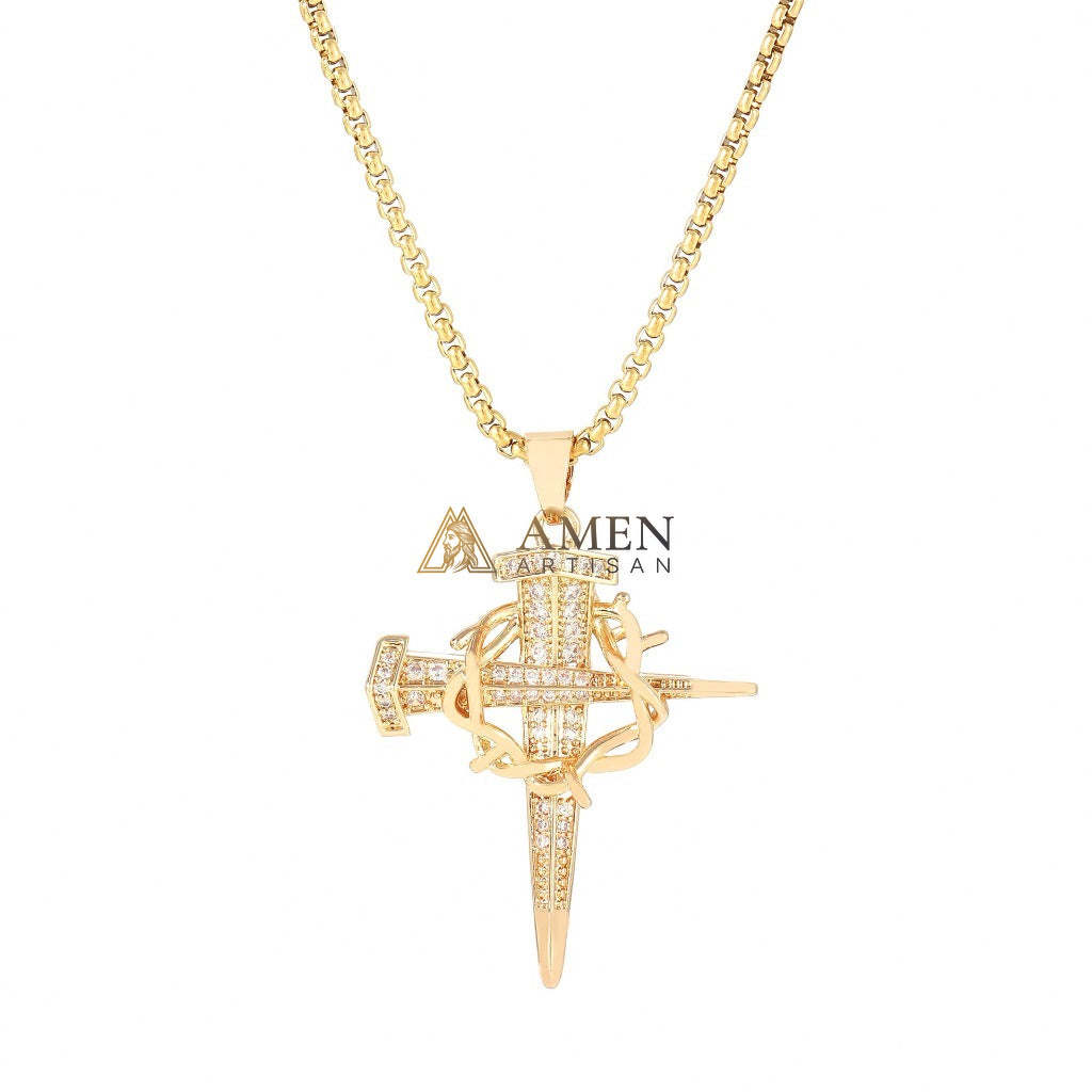 Zircon Nail & Crown of Thorns Cross Pendant Necklace Amen Artisan