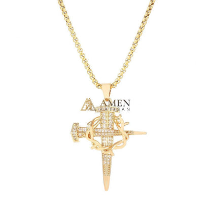Zircon Nail & Crown of Thorns Cross Pendant Necklace Amen Artisan