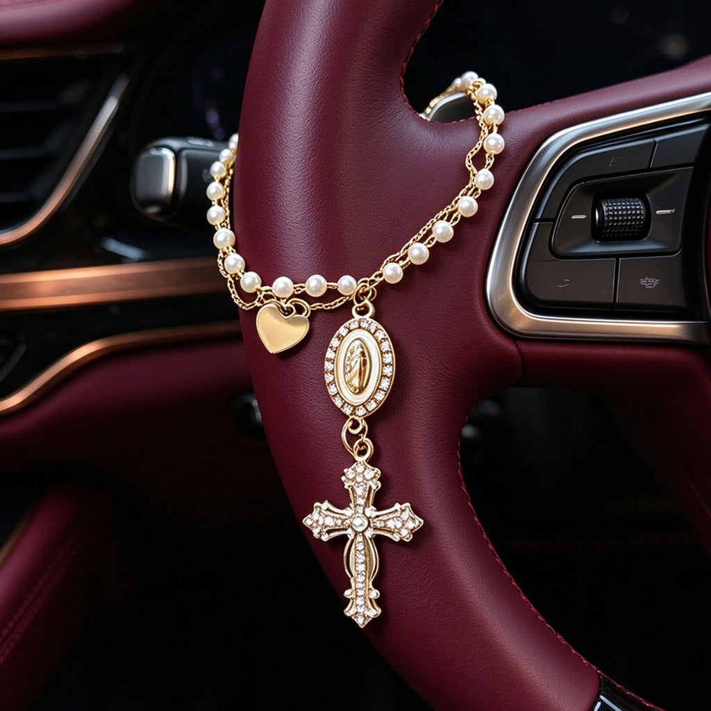 Virgin Mary & Cross Pearl-Like Bead Car Charm