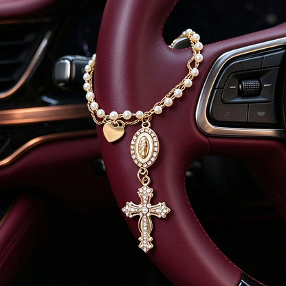 Virgin Mary & Cross Pearl-Like Bead Car Charm