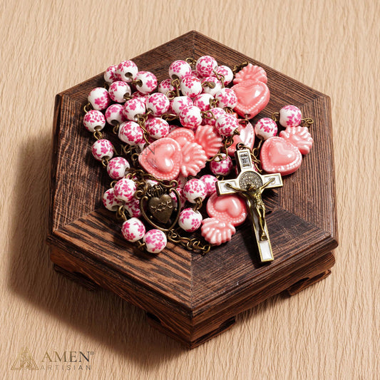 Sakura Pink Beads Sacred Heart Rosary Amen Artisan