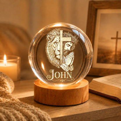 Personalized Christian Crystal Night Light with Lion, Cross, and Jesus — Strength