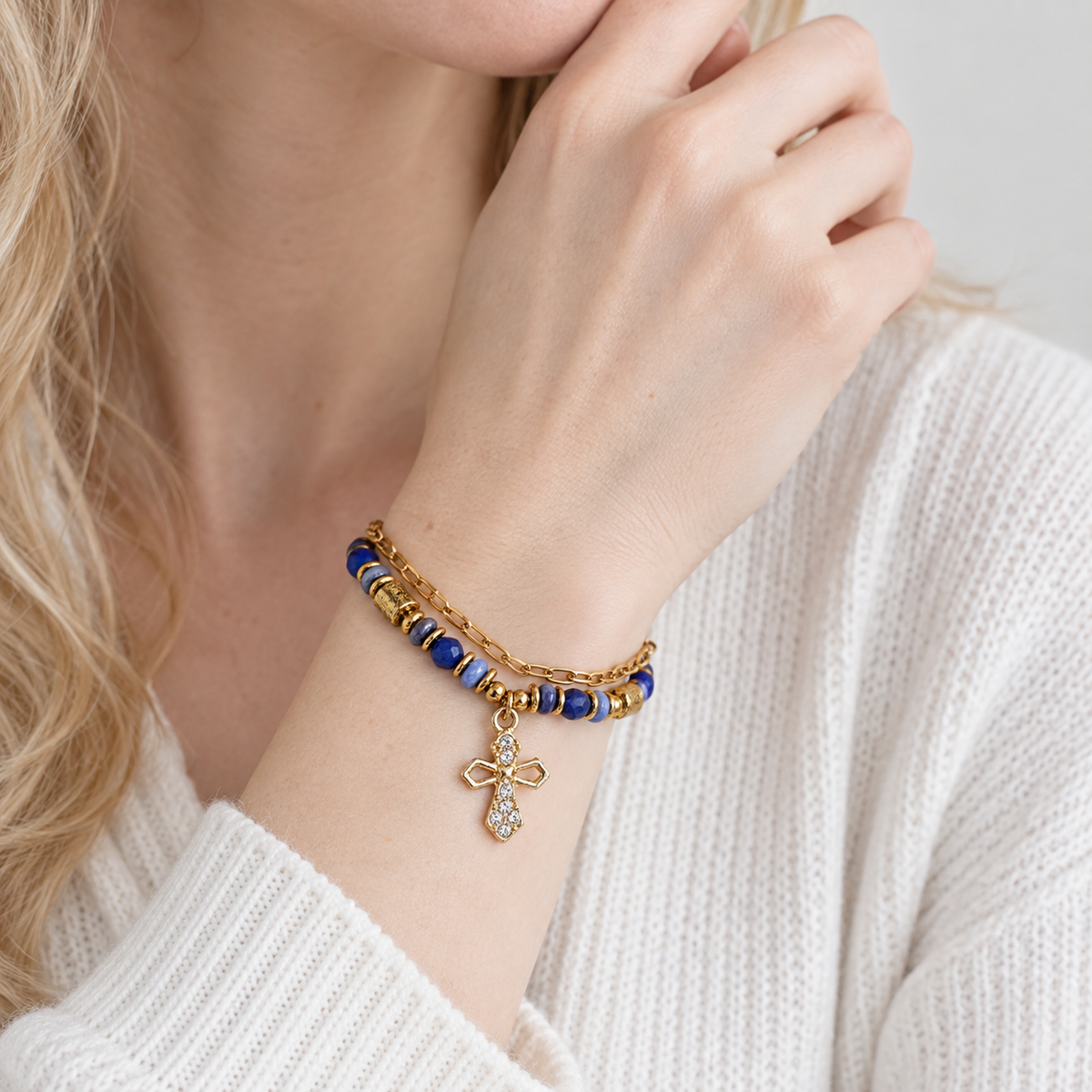 Layered Beaded Bracelet with Sparkling Cross Charm