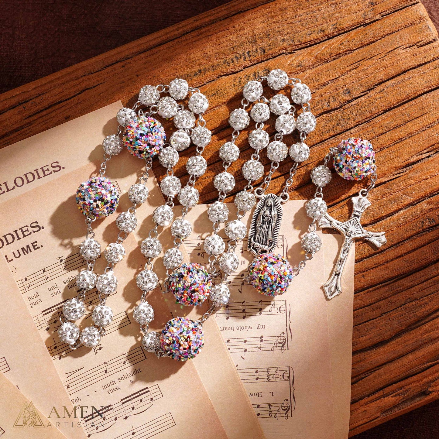 【DEAL TODAY】Our Lady of Guadalupe Five-Decade Rosary with Sparkling Rhinestone Beads and Colorful Sequin Accents — Grace and Devotion | Amen Artisan