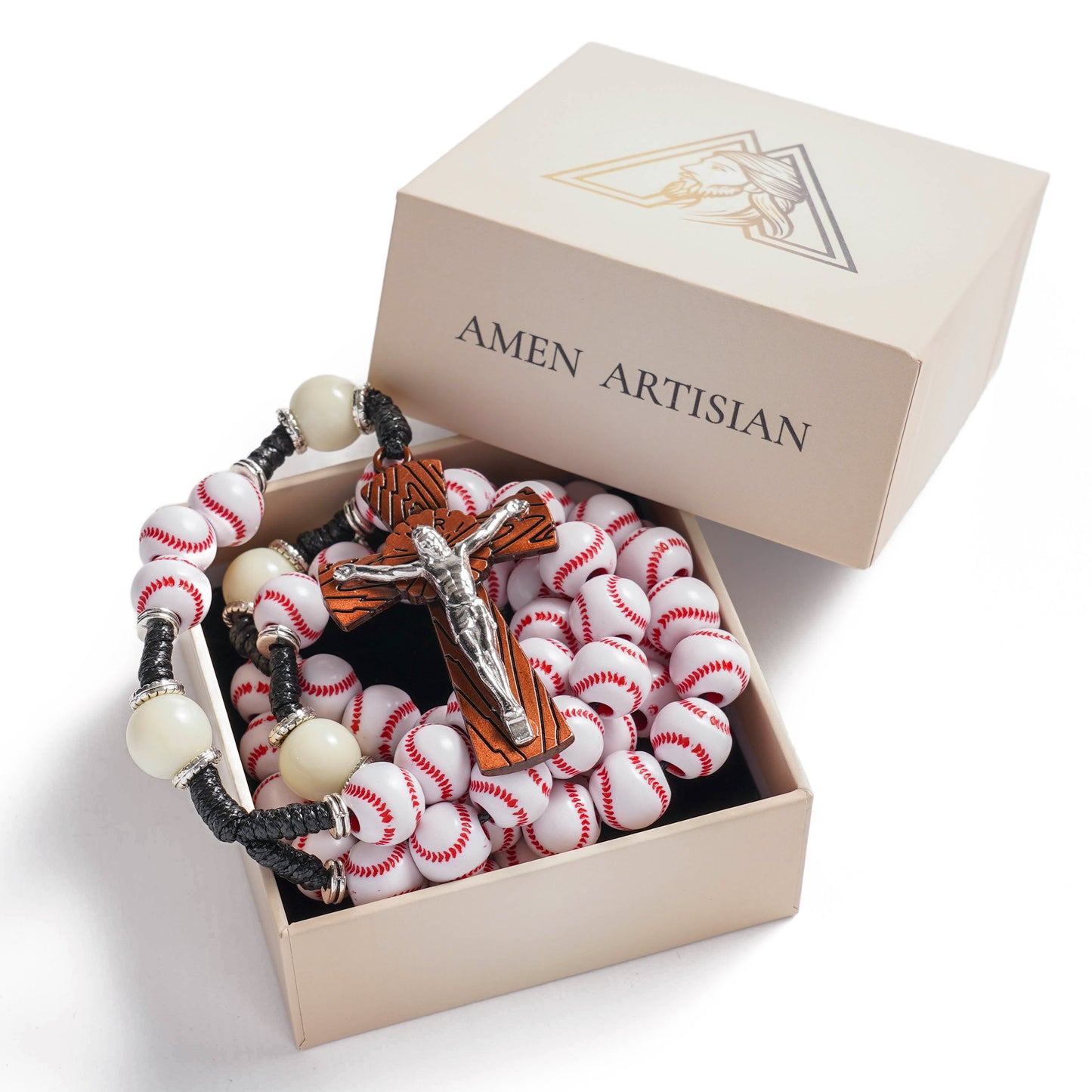 “Home Run” Handcrafted Baseball Rosary with Baseball-Stitch Beads and Wood-Grain Crucifix — Faith for Every Season