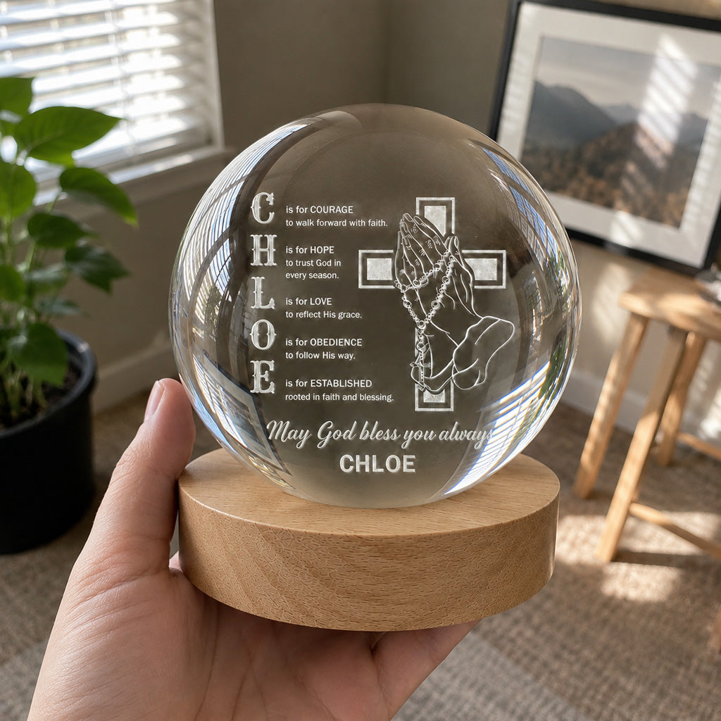 Personalized Name Faith Blessing Crystal Ball Night Light with Praying Hands & Cross Design — Blessing