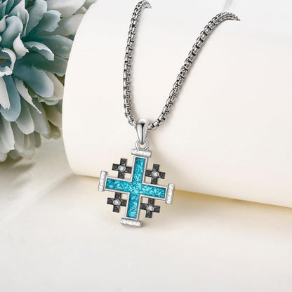 Natural Turquoise Diamond Jerusalem Cross Necklace Amen Artisan