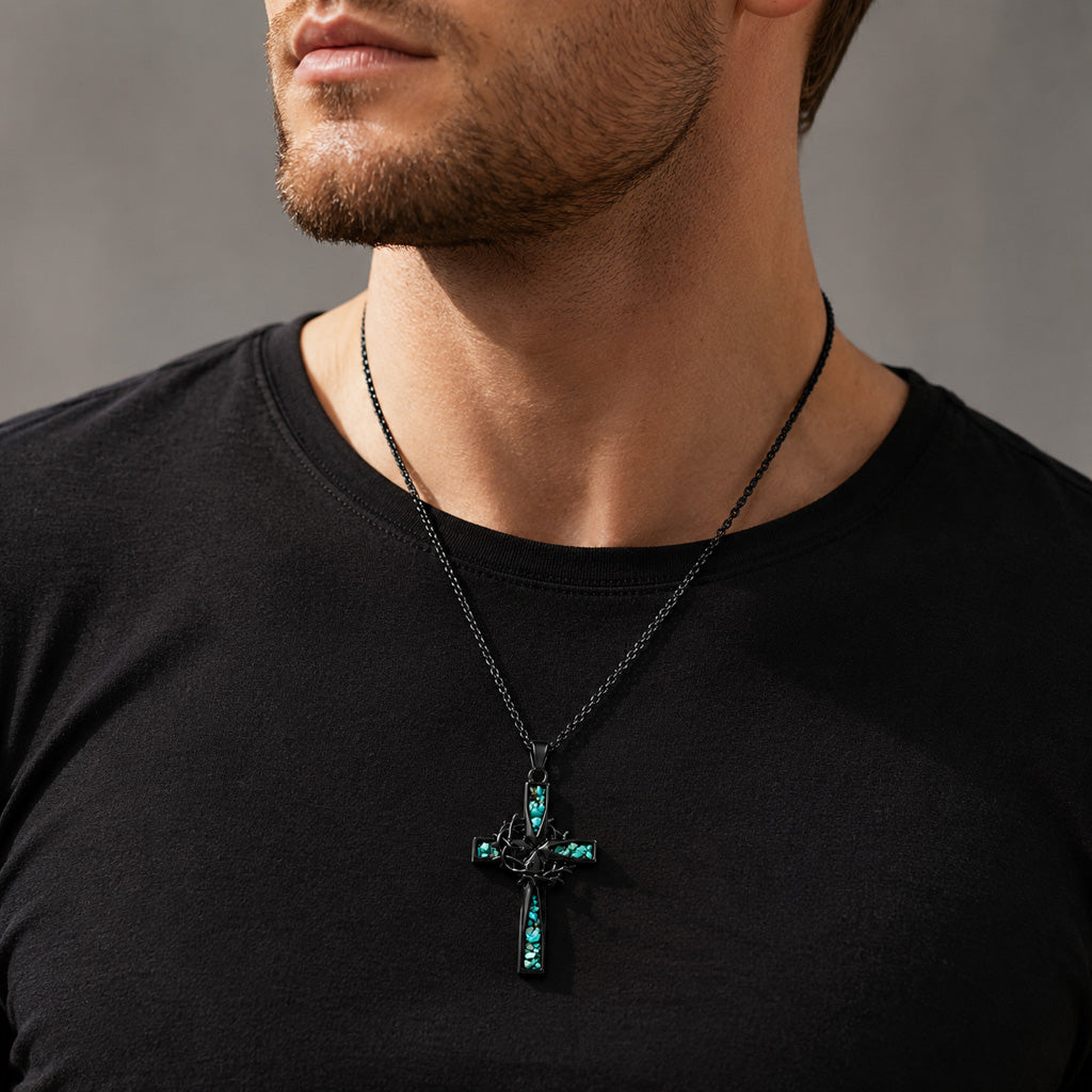 【DEAL TODAY】Crown of Thorns Cross Necklace with Natural Turquoise Inlay | Amen Artisan
