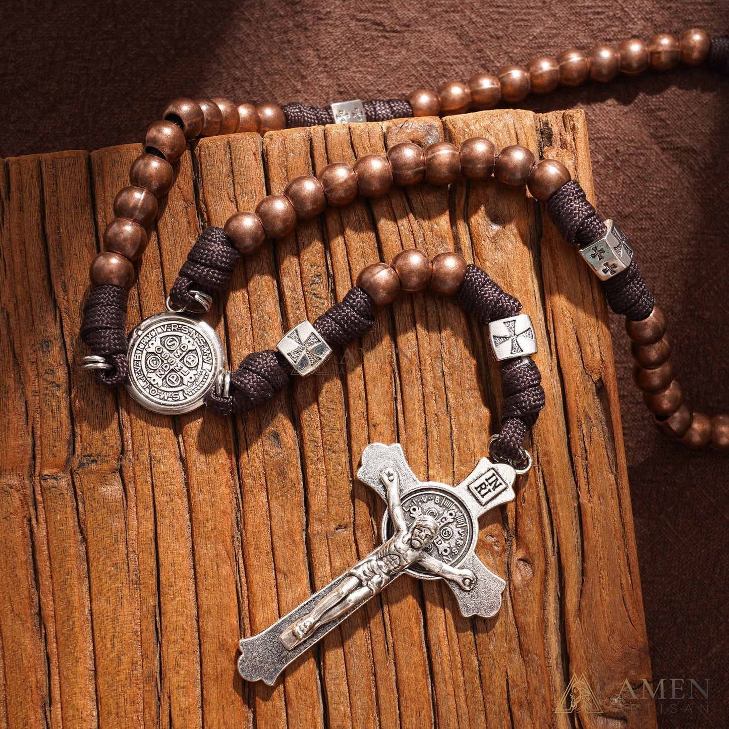 Contas de latão Medalha de São Bento Crucifixo Paracord Rosário Amém Artesanal