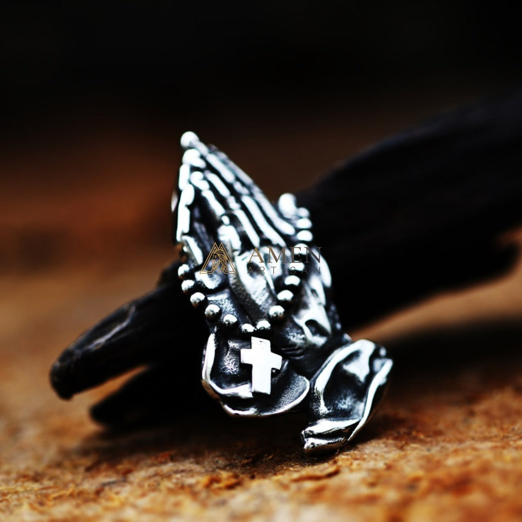 Praying Hands Cross Rosary Pendant Necklace Amen Artisan