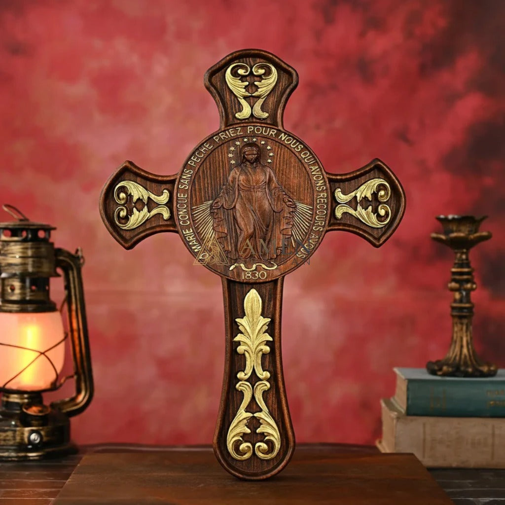 Miracle Medal Wood Carving Amen Artisan
