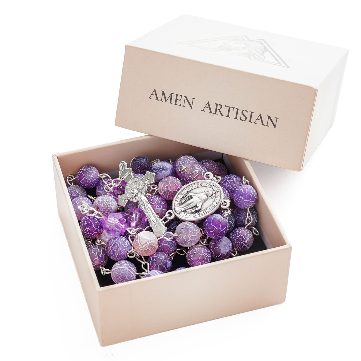 Our Lady Purple Natural Stone Rosary — Miraculous Medal & St. Benedict Crucifix