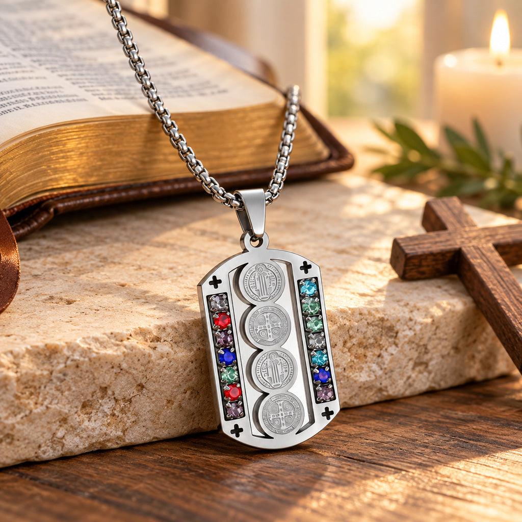 St. Benedict Medal Necklace — 316 Stainless Steel with Multicolor Stone Accents